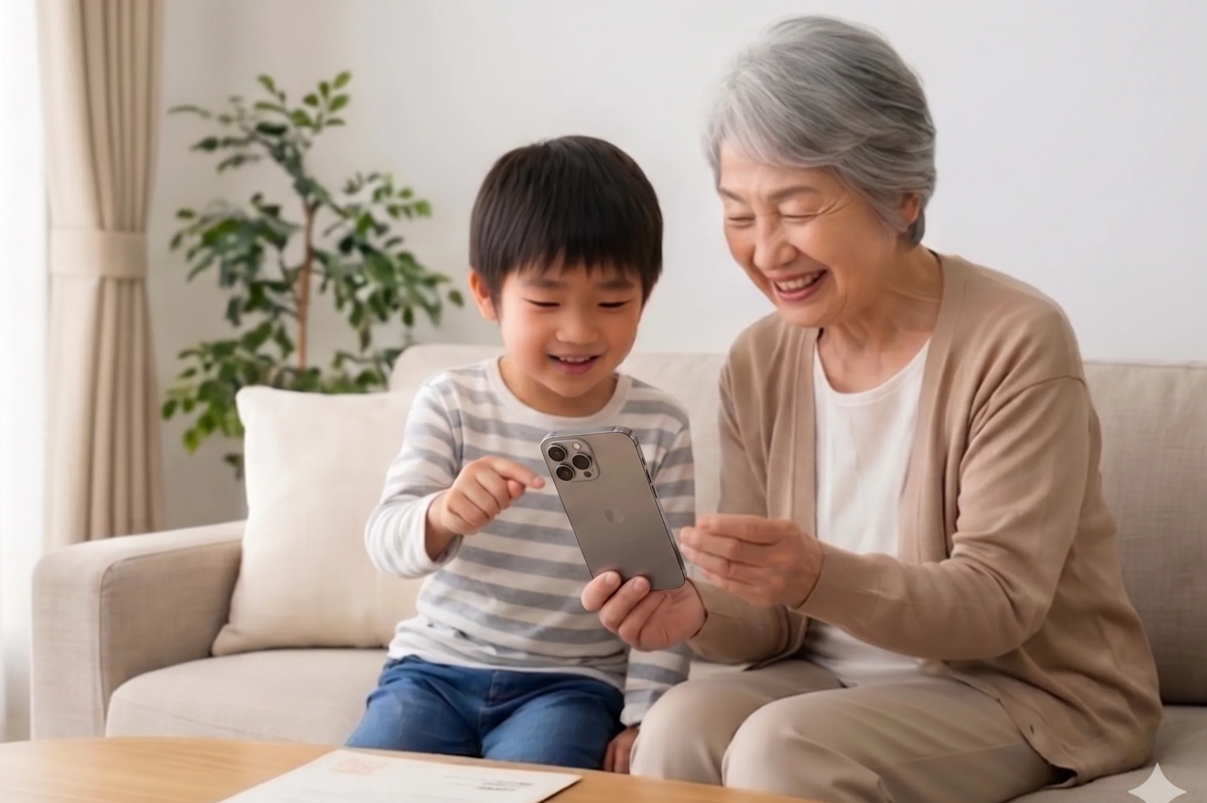 スマートフォンで給付金を確認する家族